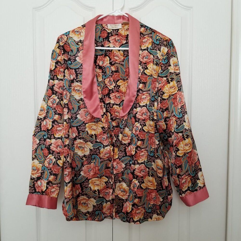 Victoria's Secret Silky Long-Sleeve Robe Lingerie Pajama Top w/Collar & V-Neck - Picture 5 of 11